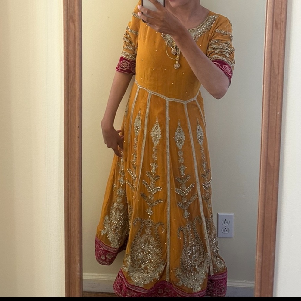 Pakistani Embellished Mustard 3 piece Anarkali Dress - OPEN TO ALL OFFERS